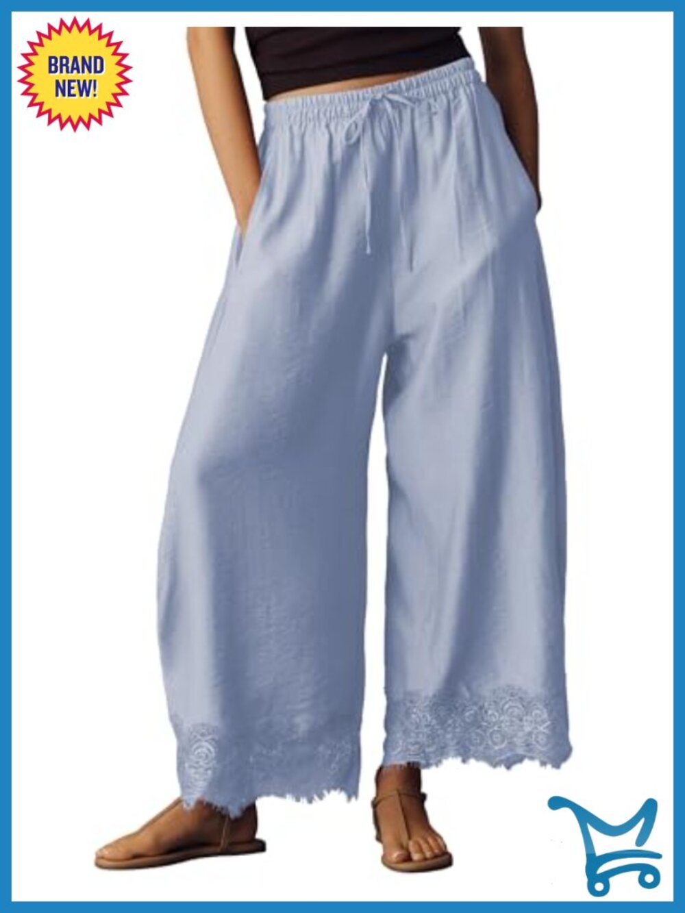 Womens Cropped Wide Leg Lace Hem High Rise Casual Beach Pants